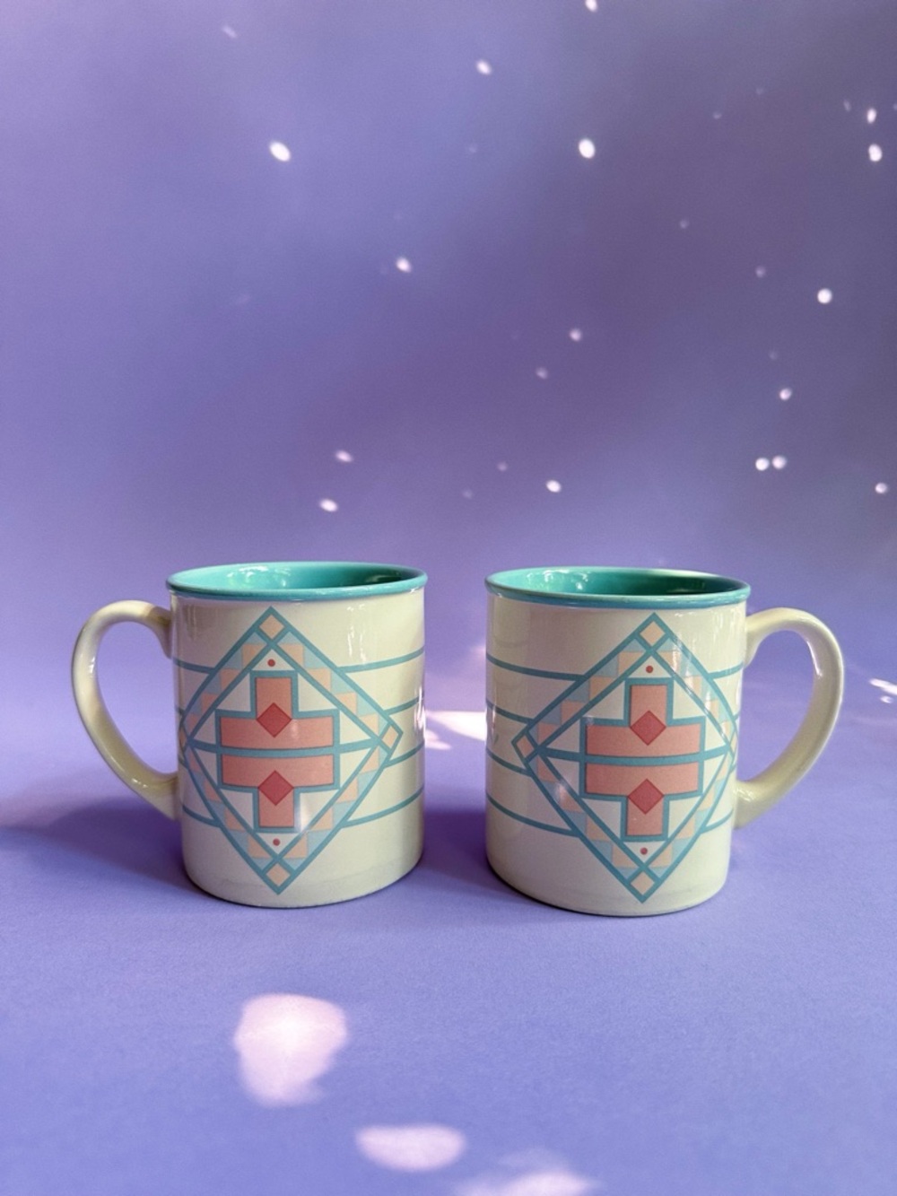 Pair of Vintage Pastel Aztec Design Coffee / Tea Mugs Teal and Coral